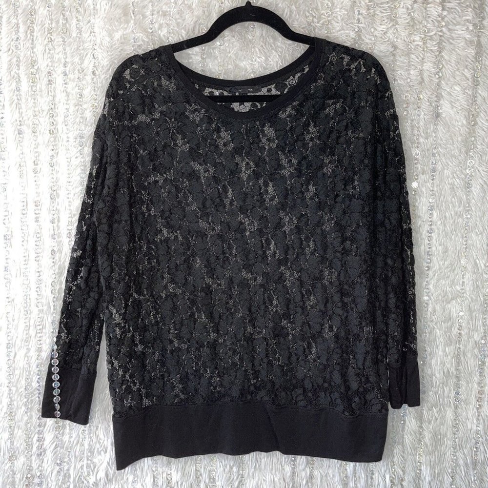 OLIVACEOUS Black Lace Pullover Top Sz LARGE Semi Sheer Long Sleeve Floral Shirt